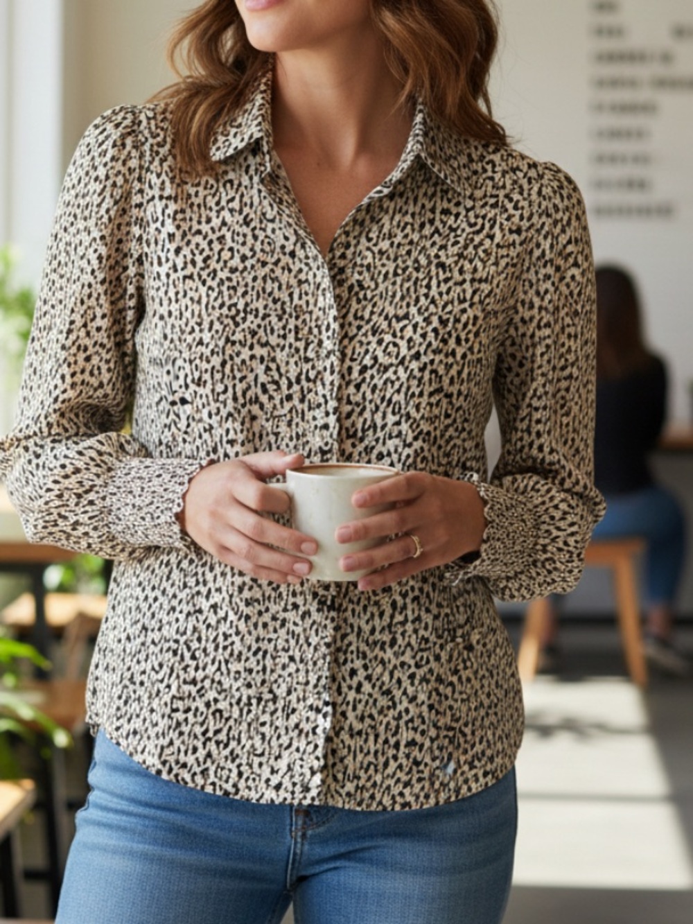 NAF NAF Beige and Brown Leopard Print Button-Down Blouse